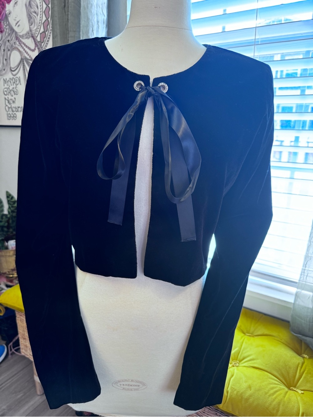 Rampage Black Velvet Cropped Ribbon-Tie Jacket